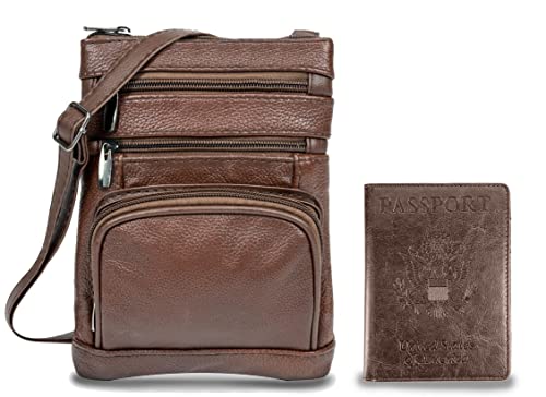 Genuine Leather Cross Body Handbag - Women Messenger Bag with Passport and Vaccine Card Holder (Coffee)