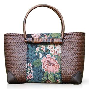 qtkj straw bag for women, summer beach handmade rattan tote bag, boho retro straw woven handbag, large beach vacation bag (brown)