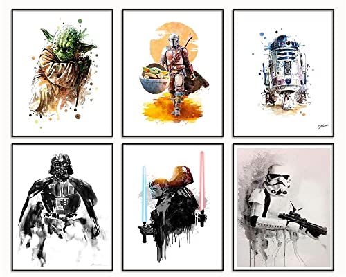 Star Wars Posters Star Wars Watercolor Prints Kids Room Decor Star Wars TV Series poster Darth Maul Darth Siddious Storm Trooper Pedro Pascal & The Child Baby Yoda poster Set of 6 8 x 10 Inch Unframed