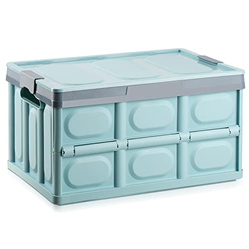 Lidded Storage Bin 55L Collapsible Storage Box Crates Plastic Tote Storage Box Container Stackable Folding Utility Crates for Clothes, Toy, Books ,Snack, Shoe, and Grocery Storage Bin - Blue