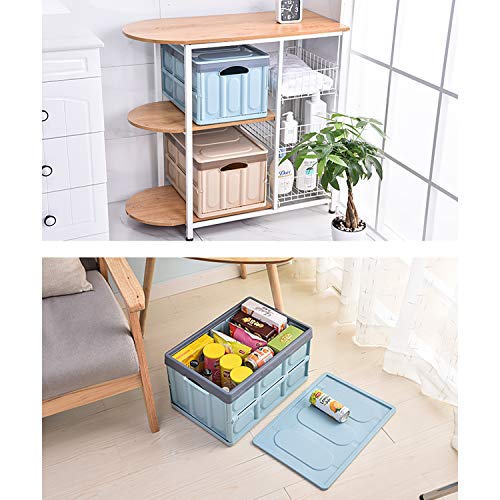 Lidded Storage Bin 55L Collapsible Storage Box Crates Plastic Tote Storage Box Container Stackable Folding Utility Crates for Clothes, Toy, Books ,Snack, Shoe, and Grocery Storage Bin - Blue