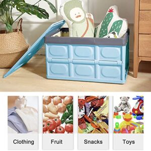 Lidded Storage Bin 55L Collapsible Storage Box Crates Plastic Tote Storage Box Container Stackable Folding Utility Crates for Clothes, Toy, Books ,Snack, Shoe, and Grocery Storage Bin - Blue