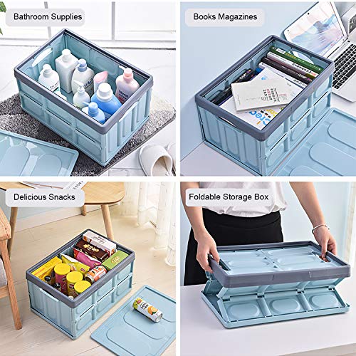 Lidded Storage Bin 55L Collapsible Storage Box Crates Plastic Tote Storage Box Container Stackable Folding Utility Crates for Clothes, Toy, Books ,Snack, Shoe, and Grocery Storage Bin - Blue