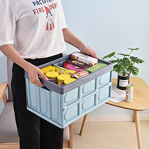 Lidded Storage Bin 55L Collapsible Storage Box Crates Plastic Tote Storage Box Container Stackable Folding Utility Crates for Clothes, Toy, Books ,Snack, Shoe, and Grocery Storage Bin - Blue