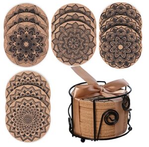 homeara12 pcs mandala cork coasters for drinks absorbent with holder – perfect non stick heat resistant soft cup mats for coffeetable – home decor valentine’s day present box