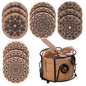 HOMEARA12 Pcs Mandala Cork Coasters for Drinks Absorbent with Holder - Perfect Non Stick Heat Resistant Soft Cup Mats for CoffeeTable - Home Decor Valentine's Day Present Box