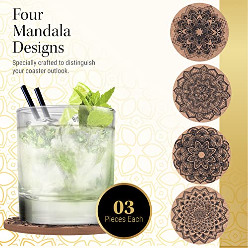 HOMEARA12 Pcs Mandala Cork Coasters for Drinks Absorbent with Holder - Perfect Non Stick Heat Resistant Soft Cup Mats for CoffeeTable - Home Decor Valentine's Day Present Box