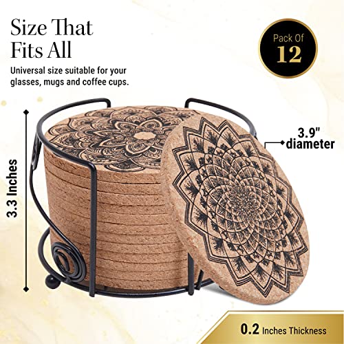 HOMEARA12 Pcs Mandala Cork Coasters for Drinks Absorbent with Holder - Perfect Non Stick Heat Resistant Soft Cup Mats for CoffeeTable - Home Decor Valentine's Day Present Box