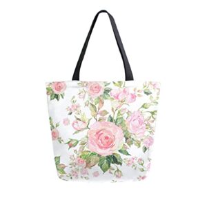 alaza pink rose flower large canvas tote bag floral shopping shoulder handbag with small zippered pocket