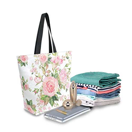 ALAZA Pink Rose Flower Large Canvas Tote Bag Floral Shopping Shoulder Handbag with Small Zippered Pocket