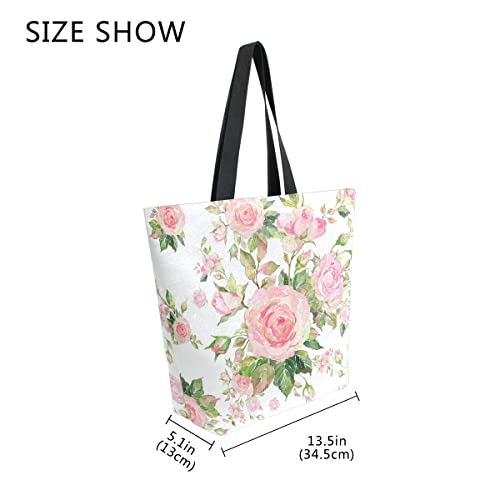 ALAZA Pink Rose Flower Large Canvas Tote Bag Floral Shopping Shoulder Handbag with Small Zippered Pocket