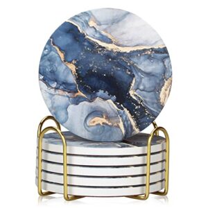 6 pcs abstract blue marble ceramic coasters with holder best absorbent drink coasters round ceramic table coasters set decorative coffee cup beverage coasters wine beer bar coasters