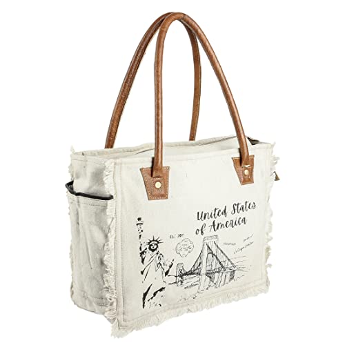 KPL Sel De Mer Upcycled Canvas and leather Hand Bag Cowhide Tote Bag shopping bag carry on leather bag (White)