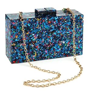 women sequin acrylic clutch box crossbody bag handbag bridal party cocktail evening clutch purse (blue)