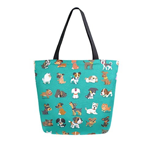 ALAZA Cute Doodle Dog Prints Animal Large Canvas Tote Bag Shopping Shoulder Handbag with Small Zippered Pocket