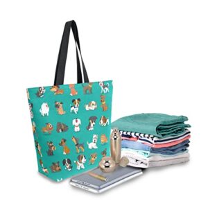 ALAZA Cute Doodle Dog Prints Animal Large Canvas Tote Bag Shopping Shoulder Handbag with Small Zippered Pocket