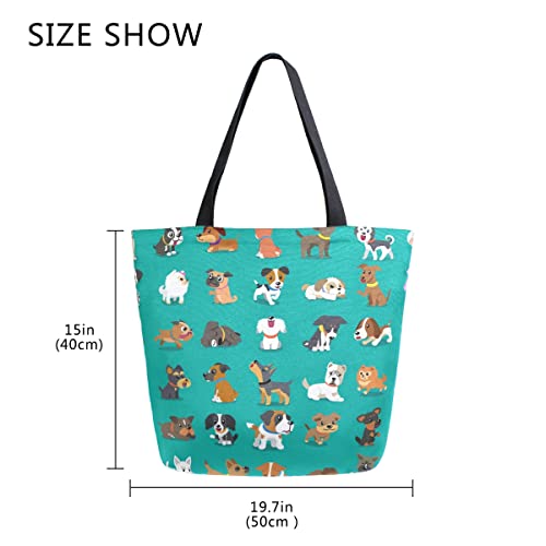 ALAZA Cute Doodle Dog Prints Animal Large Canvas Tote Bag Shopping Shoulder Handbag with Small Zippered Pocket