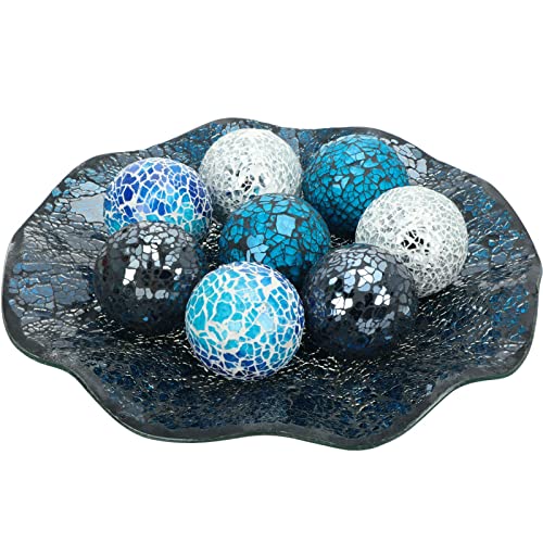 Suclain Centerpiece Bowl and Decorative Balls Set 8 Pcs Table Mosaic Plate with 2.4 Inch Glass Mosaic Orbs Glass Turquoise Tray and Spheres for Centerpiece Table Home Vases Decor (Multicolor)