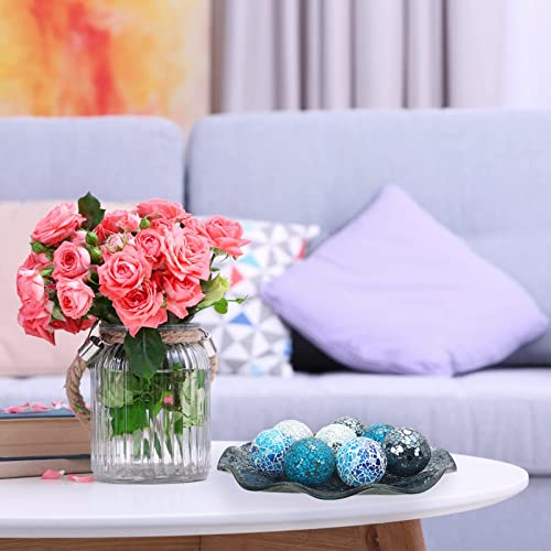Suclain Centerpiece Bowl and Decorative Balls Set 8 Pcs Table Mosaic Plate with 2.4 Inch Glass Mosaic Orbs Glass Turquoise Tray and Spheres for Centerpiece Table Home Vases Decor (Multicolor)
