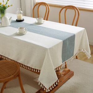 jiale tablecloths for rectangle tables,cotton linen table cloth waterproof tablecloth wrinkle free farmhouse dining table cover,soft fabric table cloths with tassels,blue & white,55″ x 86″,6-8 seats