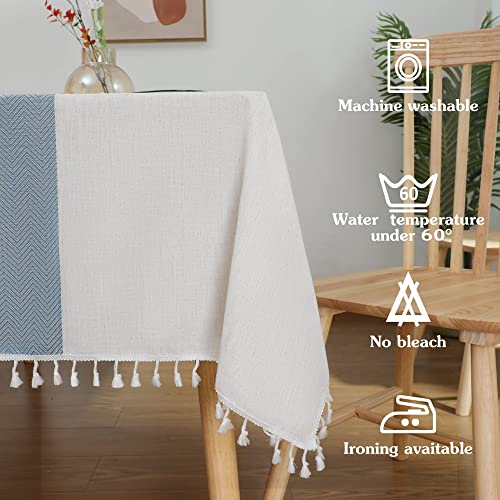 JIALE Tablecloths for Rectangle Tables,Cotton Linen Table Cloth Waterproof Tablecloth Wrinkle Free Farmhouse Dining Table Cover,Soft Fabric Table Cloths with Tassels,Blue & White,55" X 86",6-8 Seats