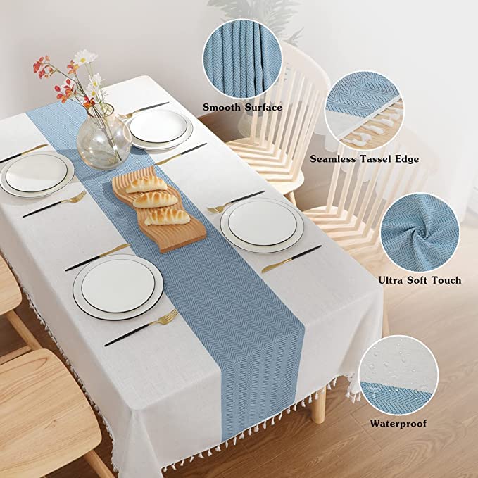 JIALE Tablecloths for Rectangle Tables,Cotton Linen Table Cloth Waterproof Tablecloth Wrinkle Free Farmhouse Dining Table Cover,Soft Fabric Table Cloths with Tassels,Blue & White,55" X 86",6-8 Seats