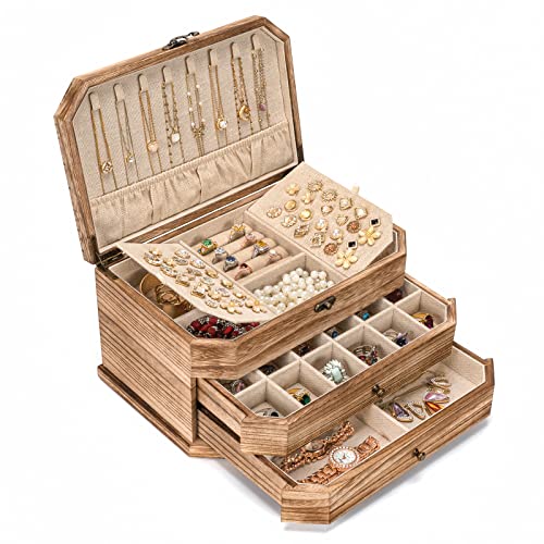 Honiway Jewelry Box 4 Layer Jewelry Organizer Rustic Wooden Jewelry Boxes for Women Girl Man Jewelry Storage with Large Capacity for Necklace Bracelet Earring Ring