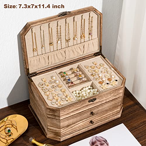 Honiway Jewelry Box 4 Layer Jewelry Organizer Rustic Wooden Jewelry Boxes for Women Girl Man Jewelry Storage with Large Capacity for Necklace Bracelet Earring Ring