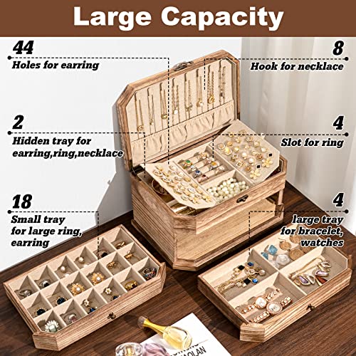 Honiway Jewelry Box 4 Layer Jewelry Organizer Rustic Wooden Jewelry Boxes for Women Girl Man Jewelry Storage with Large Capacity for Necklace Bracelet Earring Ring