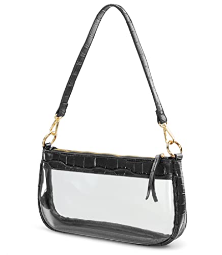 Clear Shoulder Handbag Classic 90s Purse Women Vegan Leather Crocodile Corssbody Bag (Black)