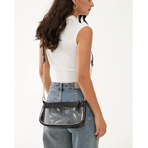 Clear Shoulder Handbag Classic 90s Purse Women Vegan Leather Crocodile Corssbody Bag (Black)