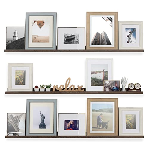 Rustic State Ted Wall Mount Extra Long Narrow Picture Ledge Photo Frame Display - 60 Inch Floating Wood Shelf for Living Room Office Kitchen Bedroom Bathroom Décor - Set of 3 - Burnt White