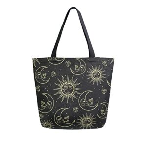 alaza witchy sun moon stars large canvas tote bag shopping shoulder handbag with small zippered pocket