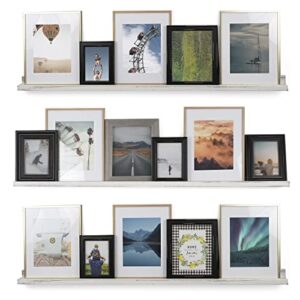rustic state ted wall mount narrow picture ledge shelf photo frame display – 52 inch floating wooden shelf for living room office kitchen bedroom bathroom décor – set of 3 – burnt white