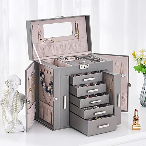 ANWBROAD Huge Jewelry Organizer Box Women Jewelry Storage Box Capacity for All Jewelry with Lock Mirror for Necklaces Earrings Rings Bracelets Jewelry Case UJJB028H