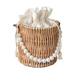 mokyler pearl rattan handbag beach rattan bag, cute handwoven straw pearl handle brown basket wedding flower girl baskets white polyester insert portable storage basket for party decor, 5.9×5.9 inch