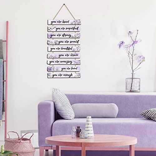 One Set of 9 Pieces Inspirational Floral Wall Decors You Are Amazing Beautiful Loved Quotes Sign Wall Art Decors Wooden Hanging Wall Art Positive Home Decors for Girls Women Bedroom (Light Purple)