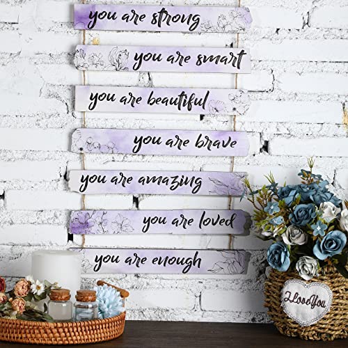One Set of 9 Pieces Inspirational Floral Wall Decors You Are Amazing Beautiful Loved Quotes Sign Wall Art Decors Wooden Hanging Wall Art Positive Home Decors for Girls Women Bedroom (Light Purple)