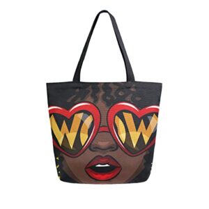 alaza afro african american woman large canvas tote bag shopping shoulder handbag with small zippered pocket