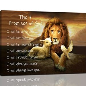 Lion of Judah Wall Art Lion and Lamb Canvas Painting Prints Christian Gifts Religious Wall Decor the 7 Promises of God Motivational Pictures Framed Artwork for Bedroom Living Room Bathroom 16"x12"