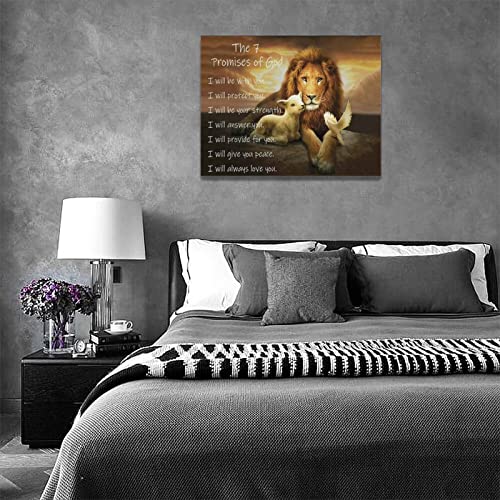 Lion of Judah Wall Art Lion and Lamb Canvas Painting Prints Christian Gifts Religious Wall Decor the 7 Promises of God Motivational Pictures Framed Artwork for Bedroom Living Room Bathroom 16"x12"