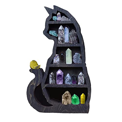 Xiibuum Cat on The Moon Crystal Wood Shelf, Wooden Moon Shelf Black Cat Design, Gothic Witchy Room Decorative for Living,Dinning Room,Bed Room,Bath Room and Kids Room(B)