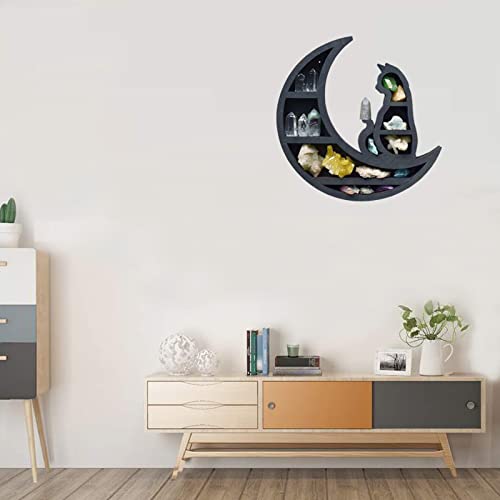 Xiibuum Cat on The Moon Crystal Wood Shelf, Wooden Moon Shelf Black Cat Design, Gothic Witchy Room Decorative for Living,Dinning Room,Bed Room,Bath Room and Kids Room(B)