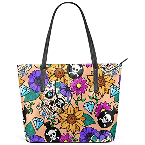 MNSRUU Tote Bag for Women Sugar Skulls Shoulder Bag Big Capacity PU Leather Handbag