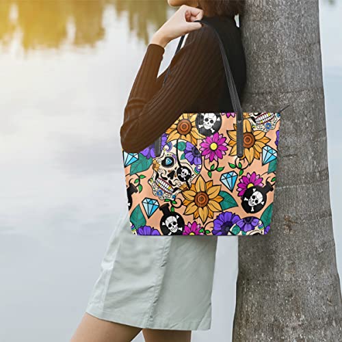 MNSRUU Tote Bag for Women Sugar Skulls Shoulder Bag Big Capacity PU Leather Handbag