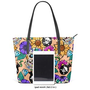 MNSRUU Tote Bag for Women Sugar Skulls Shoulder Bag Big Capacity PU Leather Handbag