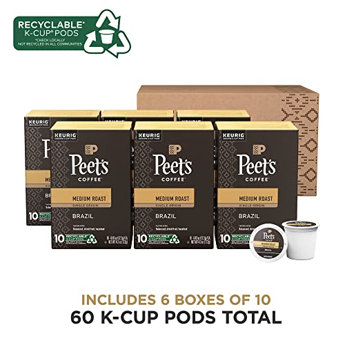 Peet's Coffee, Medium Roast K-Cup Pods for Keurig Brewers - Single Origin Brazil 60 Count (6 Boxes of 10 K-Cup Pods) Packaging May Vary