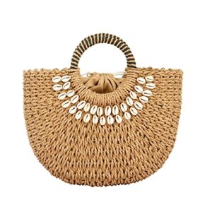 beach bag for women straw top-handle bags summer woven beach tote bag (brown)