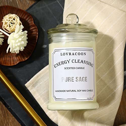 Lovracoon Pure Sage Smudge & Long Lasting Burning Jar Candle for House Energy Cleansing, Negative Energy Purification and Chakra Healing, Natural Soy Wax Jar Candle with Gift Box（White Sage,Large）