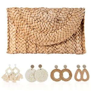 lui sui women’s straw clutch purse summer purse bags woven straw shoulder bags beach clutch purse with straw earrings set